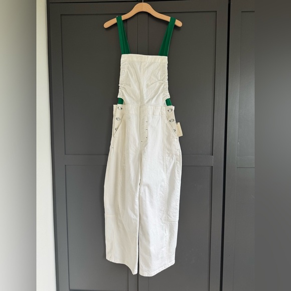 Anthropologie Pilcro Kenna Heritage White & Green Barrel Overalls • S • NWT - Picture 2 of 14